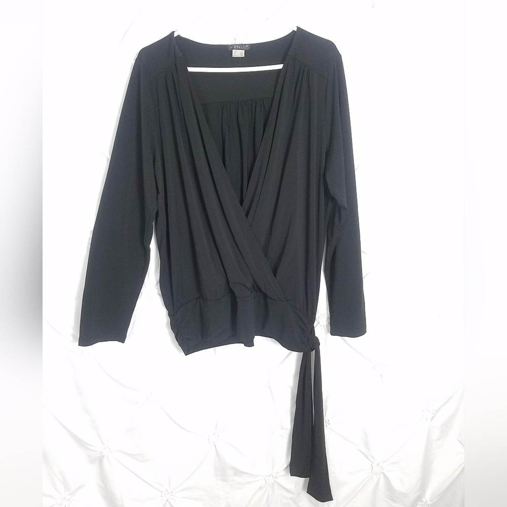 Venus  Black Faux Wrap Ties Side Deep V Neck Blouse